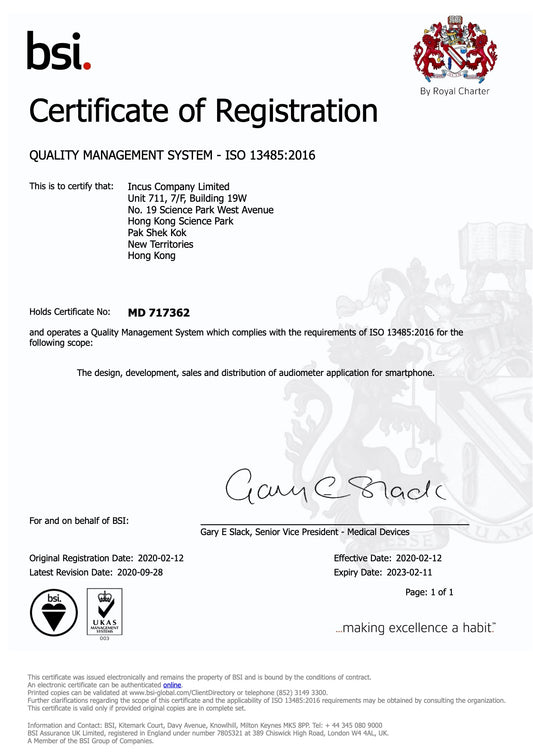 Certificate from BSI confirming that Incus Company Limited is ISO13485-certified