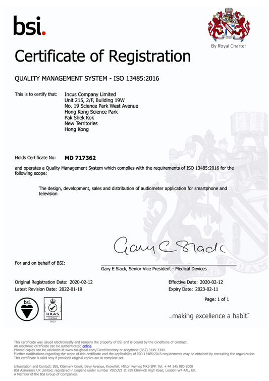 ISO 13485 certificate issued by BSI to Incus Company Limited