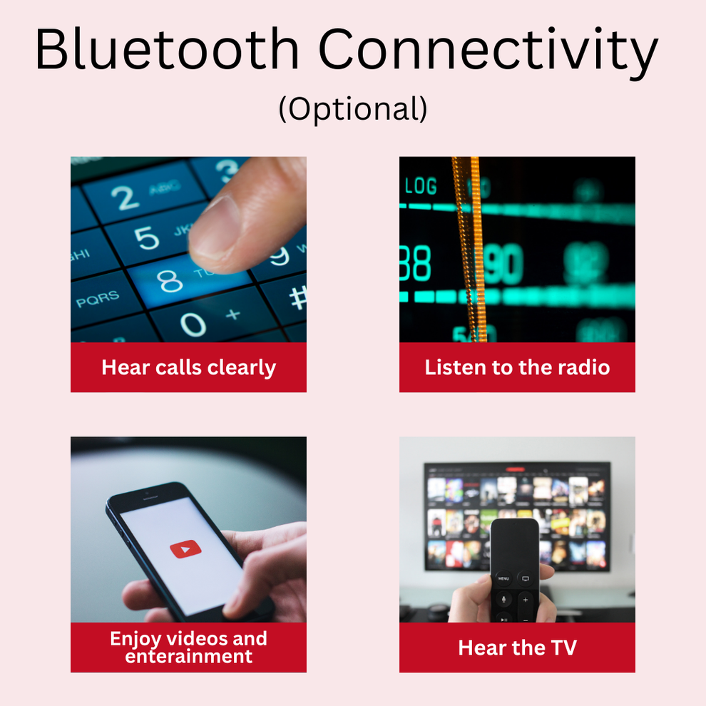 Promotional graphic for hearing aid Bluetooth connectivity with text and images of use cases.
