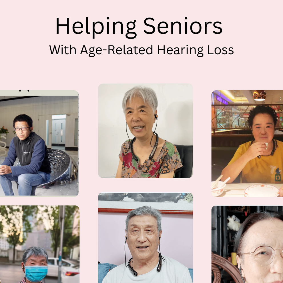 Collage of seniors with age-related hearing loss wearing the Incus hearing aid, featuring text about helping them.