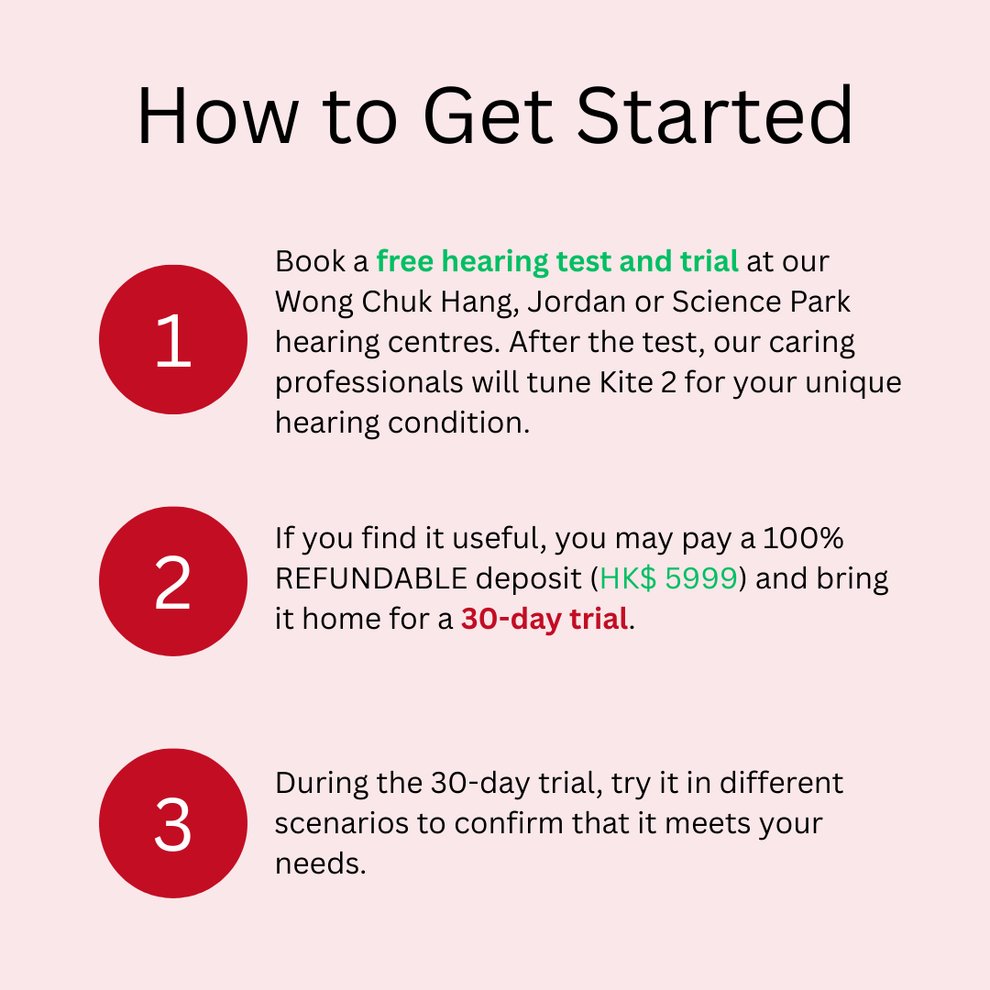 Instructions on how to get started with hearing aids in Hong Kong, including booking a free hearing test, paying a deposit (full price), and a 30-day trial period.
