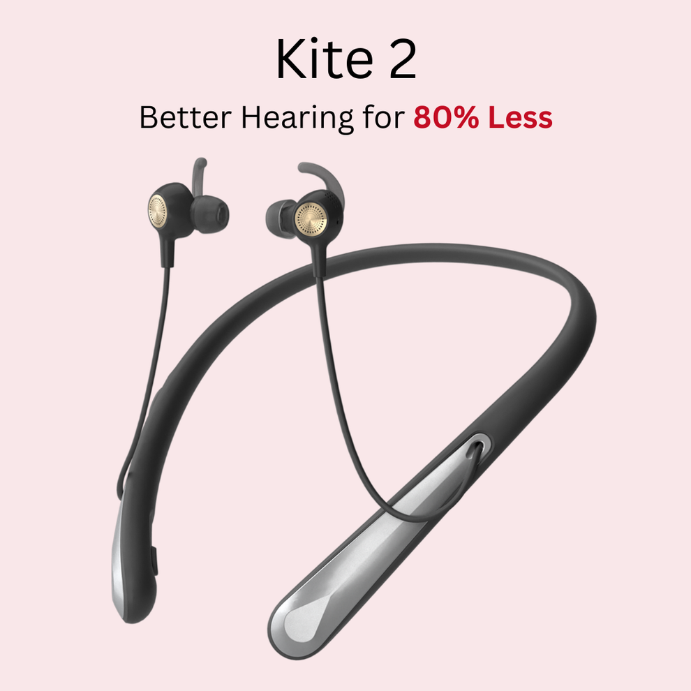 Neckband hearing aid for elderly with text 'Kite 2 Better Hearing for 80% Less' on a pink background