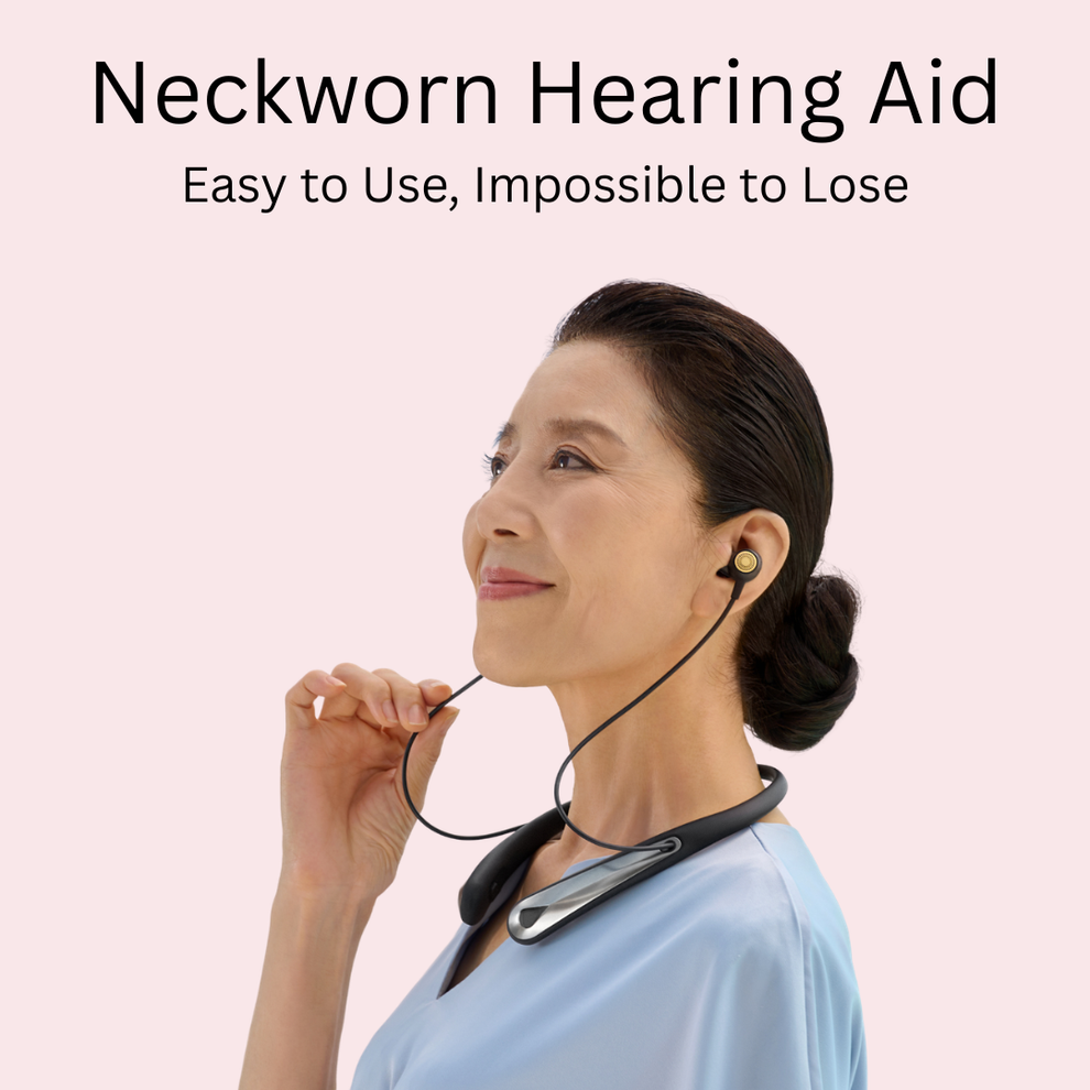 Woman wearing a neck-worn hearing aid with text 'Neckworn Hearing Aid: Easy to Use, Impossible to Lose' on a pink background.